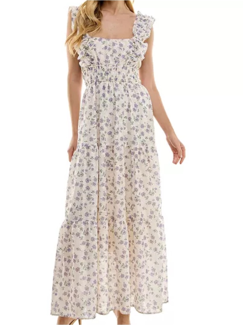Floral Ruffle Maxi Dress in Cream and Lavender